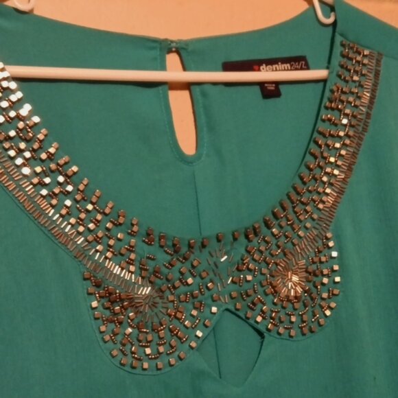 Denim 24/7 Teal Asymmetrical Dress with Silver Embellishments - Picture 2 of 11